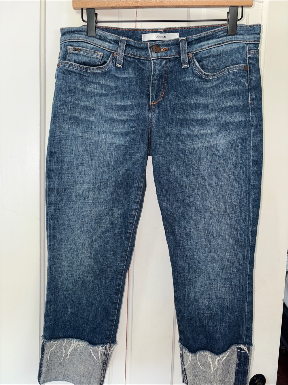 Joe’s med.  Wash Slim Cropped Jeans with Frayed Cuffs